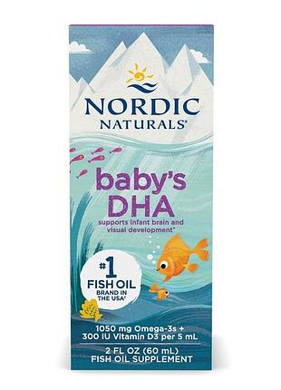 Рыбий жир (дгк) для детей с витамином d3, baby's dha, with vitamin d3, nordic naturals, 60 мл