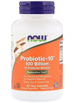 Пробіотики для травлення, probiotic-10, 100 млрд куо, now foods, 60 вегетаріанських капсул