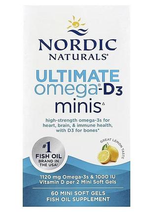 Омега-3 и витамин d3, 1120 мг и 25 мкг (1000 ме), вкус лимона, ultimate omega-d3 minis, nordic naturals, 60 мини капсул