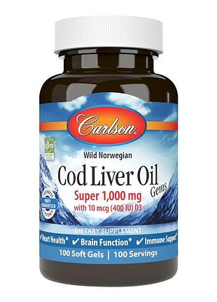 Жир из печени норвежской трески, 1000 мг, cod liver oil, carlson, 100 гелевых капсул
