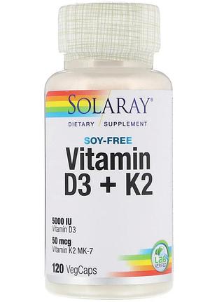 Вітамін d3 + k2, soy-free vitamin d3 + k2, solaray, 120 вегетаріанських капсул