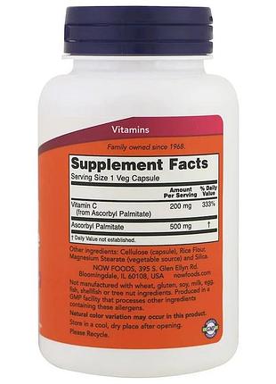 Аскорбил пальмитат, ascorbyl palmitate, now foods, 500 мг, 100 вегетарианских капсул