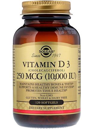 Витамин d3, 250 мкг, 10,000 ме, vitamin d3 (cholecalciferol), solgar, 120 гелевых капсул
