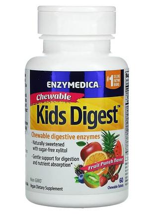 Ферменти травні для дітей, смак фруктів, kids digest, enzymedica, 60 таблеток — для шлунково-кишкового тракту та мікрофлори