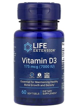 Вітамін d3, vitamin d3, life extension, 175 мкг (7000 мо), 60 гелевих капсул — для кісток, імунітету, серця та нормального тиску
