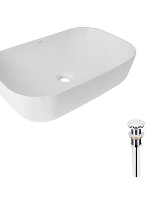 Комплект qtap robin: раковина накладная прямоугольная 600x390x150 мм white + донный клапан pu02