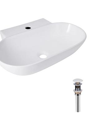 Комплект qtap cardinal: раковина подвесная / накладная овальная 565х400х130 мм white + донный клапан pu02