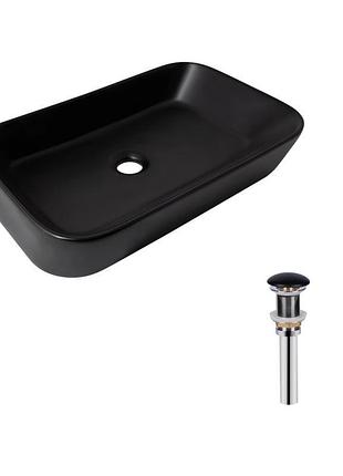 Комплект qtap scorpio: раковина накладная прямоугольная 550х390х120 мм matt black + донный клапан pu03