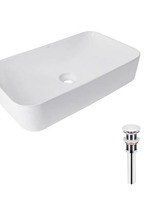 Комплект qtap tern: раковина накладная прямоугольная 610x350x135 мм white + донный клапан pu02