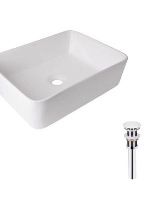 Комплект qtap tern: раковина накладная прямоугольная 480х370х135 мм white + донный клапан pu02