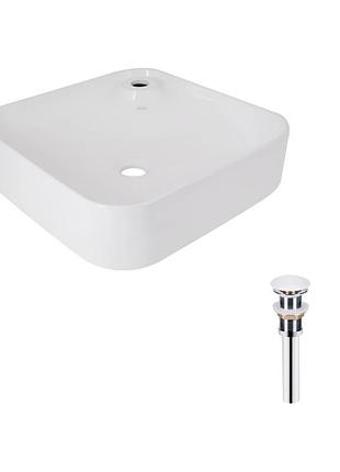 Комплект qtap stork: раковина накладная квадратная 430x430x125 мм white + донный клапан pu02
