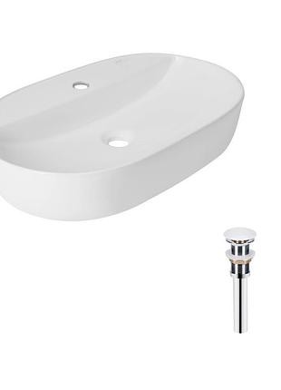 Комплект qtap scorpio: раковина накладная овальная 600х400х120 мм white + донный клапан pu02