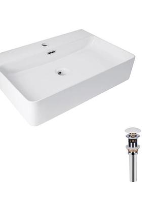 Комплект qtap nando lt: раковина подвесная прямоугольная 610х420х140 мм white + донный клапан pu02o