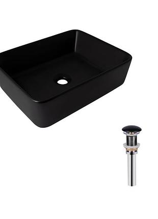 Комплект qtap tern: раковина накладная прямоугольная 480х370х135 мм matt black + донный клапан pu03
