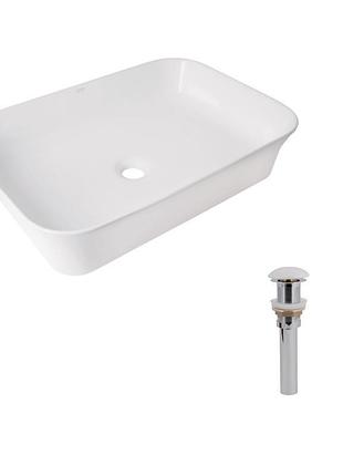 Комплект qtap virgo n: раковина накладная 560x380x130 мм, white, прямоугольная + донный клапан pop-up pu02