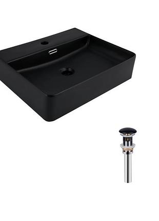 Комплект qtap nando lt: раковина подвесная прямоугольная 500х420х130 мм matt black + донный клапан pu03o