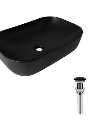 Комплект qtap robin: раковина накладна прямокутна 600x390x150 мм matt black + донний клапан pu03