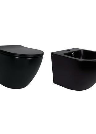Комплект qtap robin matt black 2 в 1: унитаз подвесной ultra quiet qt13332381аsmb + биде подвесное qt1355046fmb