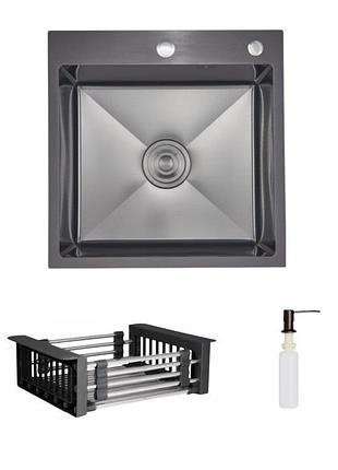 Комплект lidz handmade h5050hb мойка для кухни интегрированная decor black pvd honeycomb в комплекте с дозатором+lidz lidzk01b