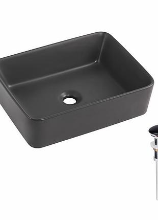 Раковина накладна qtap tern 480x370x135 мм, anthracite, прямокутна, з донним клапаном qt17116069an