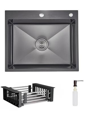 Комплект lidz handmade h6050hb мойка для кухни интегрированная decor black pvd honeycomb в комплекте с дозатором+ lidzk01b корзина