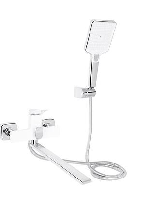 Смеситель для ванны qtap presto с длинным поворотным изливом (c душевым гарнитуром) qtpre2601crw45578 chrome/white