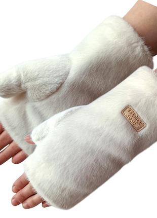 Перчатки митенки женские искусственная норка на меху белые grace 5194_white