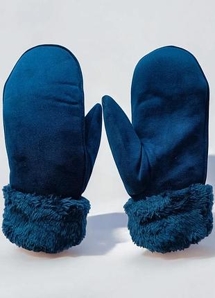Варежки женские подростковые зимние экозамшевые синние anjela 5218_indigo