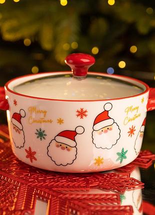 Ступница фарфоровая santa новогодняя 800мл с крышкой миска для супа и лапши
