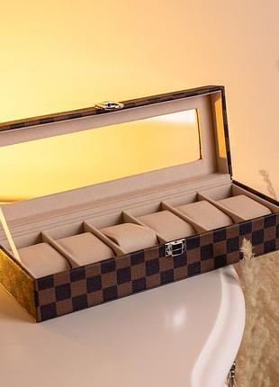 Шкатулка для часов из экокожи 6 отделений с защелкой 31×11×7,5 см коричневый