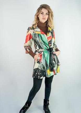 Плащ say приталений на запах з квітковим принтом рукав 3/4 синій р. 36 42 (s xl)