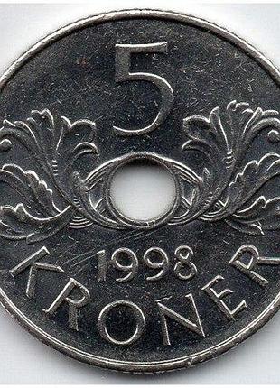 Норвегия 5 крон 1998 год. монеты мира