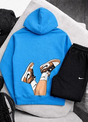 Чоловічий спортивний костюм комплект синій чорний худі та штани nike з принтом кросівок на спині