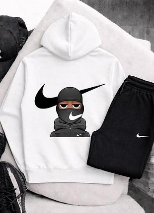 Чорно білий спортивний чоловічий костюм худі та штани з великим принтом nike