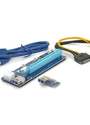 Riser pci-ex x1 x16 6-pin usb 3.0 0.6м синій райзер для відеокарт перехідник живлення конектор dm-11
