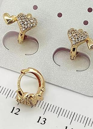 Детские серьги для девочки сердечки фианитами медзолото
