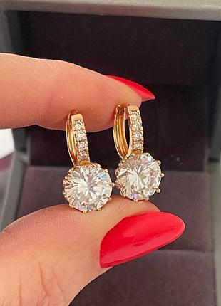 Сережки з великим каменем медзолото позолота