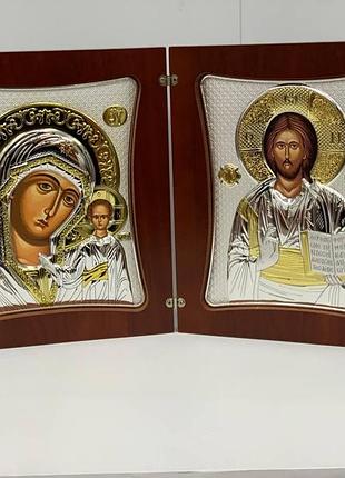Серебряная венчальная икона с позолотой казанская богородица и господь вседержитель фирмы prince silvero