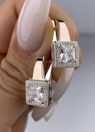 Серёжки серебрянные с квадратным фианитом и золотой вст.0258.10.