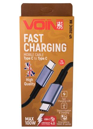 Кабель voin type c - type c 5а/20v, qc4.0/pd 1m, black (швидка зарядка / передача даних)