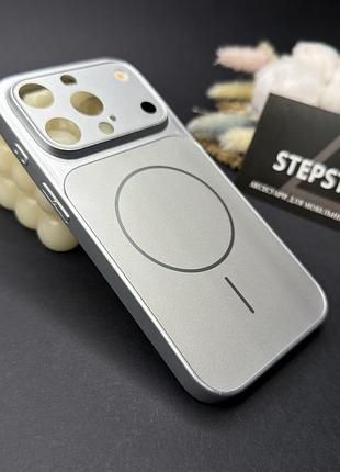 Чохол для iphone 14 pro max з magsafe і лінзами на камеру скляний матовий glass acrylic case сріблястий