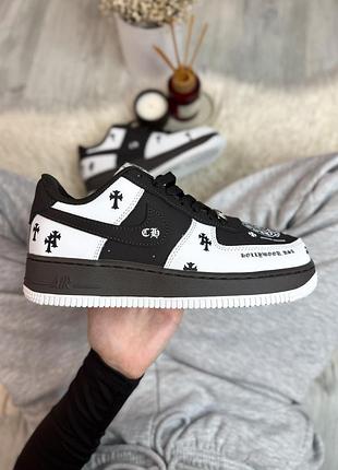 Стильні жіночі та чоловічі кросівки nike air force 1 low x chrome hearts black white чорно-білі