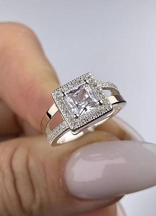 Кольцо серебряное комбинированное с квадратным фианитом и золотом. 18
