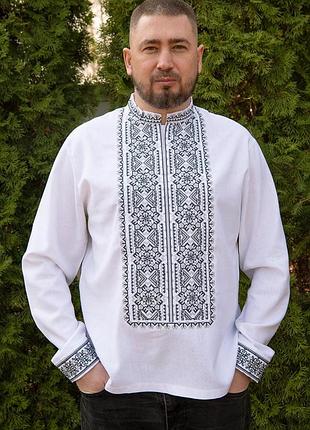 Чоловіча лляна вишиванка біла з чорно-сірою вишивкою 4xl
