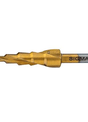 Свердло по металу ступінчасте sigma hss-tin титанове зі спіральною канавкою ø4-12 мм крок 2 мм (блістер)