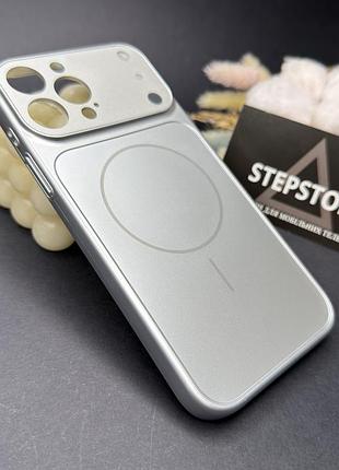 Чехол для iphone 13 pro max с magsafe и линзами на камеру стеклянный матовый glass acrylic case серый (silver)