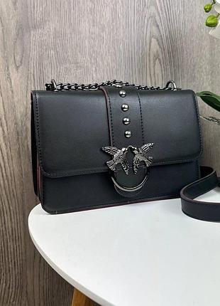 Женская сумочка клатч стиль pinko черная с красными вставками, маленькая сумка пинко с птичками