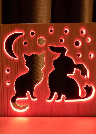 Світильник нічник arteco light з дерева led "кіт і собачка" з пультом і регулюванням кольору, rgb