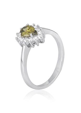 Серебряное кольцо с бледно-зелеными фианитами, размер 18,5, вес: 2.8 г