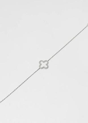 Серебряный браслет с клевером в фианитах, размер 21 см x 0,1 см, вес: 1.3 г